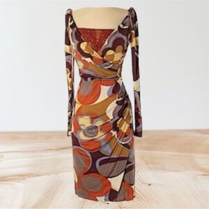 Charles Nolan Dress, Browns & Oranges, Wrap, Ruckering Side, Long Sleeved, Sz 4